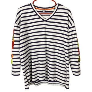 John Mark V-neck Top Long Sleeve White Purple Striped Embroidered Size Small